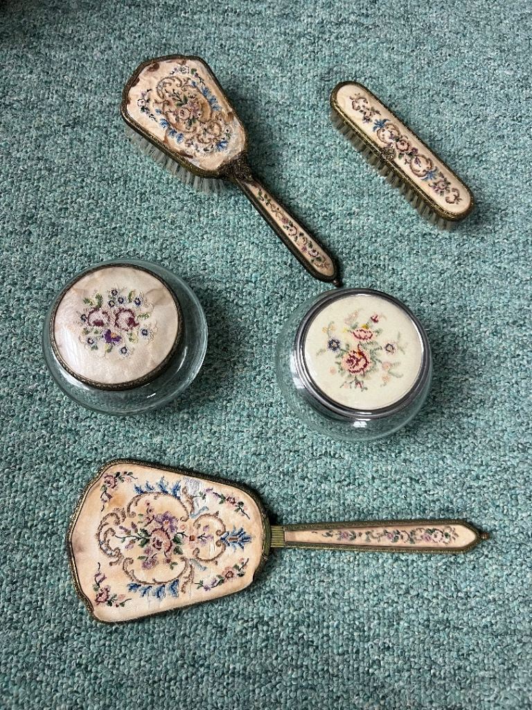 Embroidered vintage dressing table accessories 