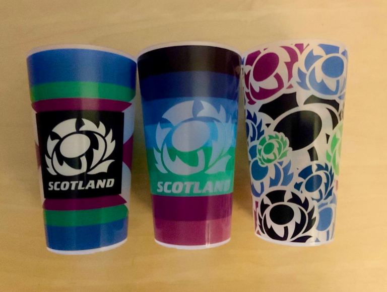 X4 SRU SCOTTISH RUGBY UNION REUSABLE PLASTIC PINT GLASSES (6N Scotland SRU Stackable Beer Cups)