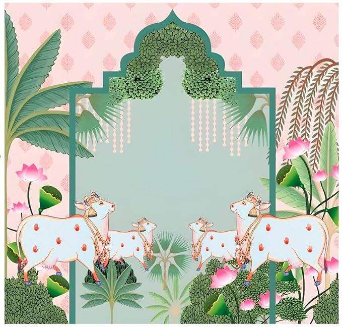 Navratri Golu Pichwai Backdrop 8ft x 8ft – 4 Cows, Pink Lotus & Banana Tree