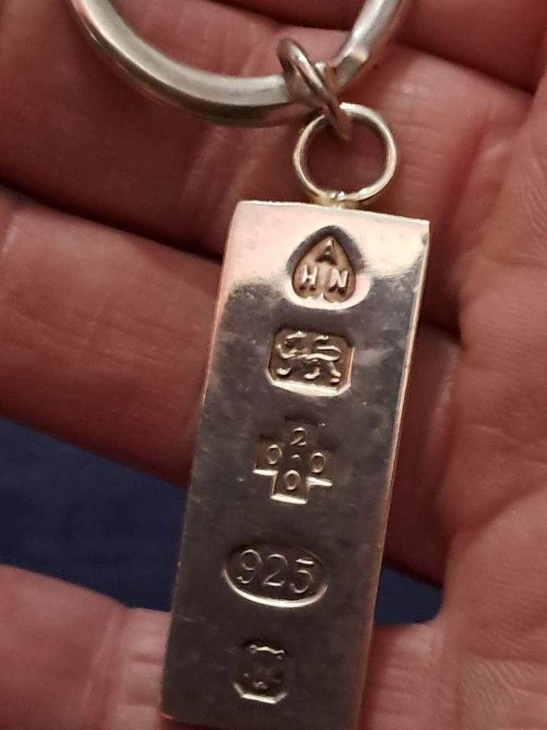 Solid sterling silver ingot on sterling silver Hallmarked key ring approx 32gm