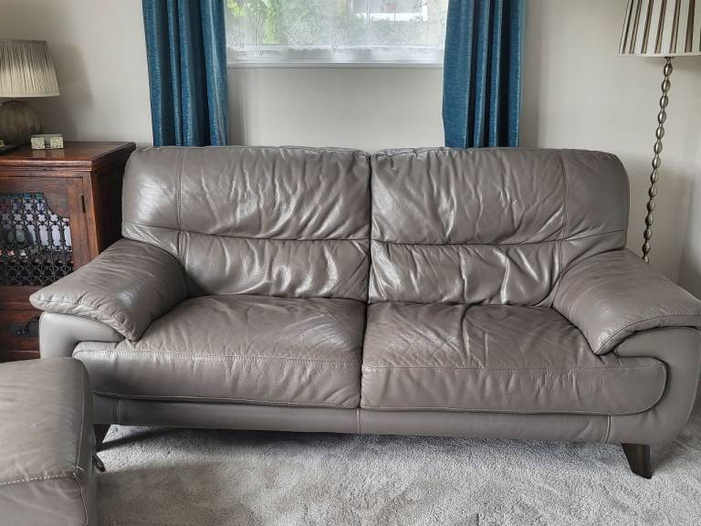 Grey Leather 3 piece suite £75 ono - 3 + 2 seater Sofa  and storage footstool – Good Condition