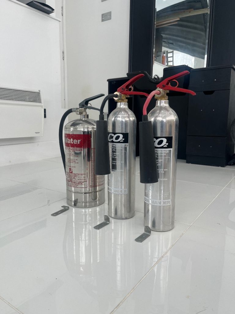 Fire extinguishers. JOB LOT chrome fire extinguishers. Fire safety. Fire extinguishers. 
