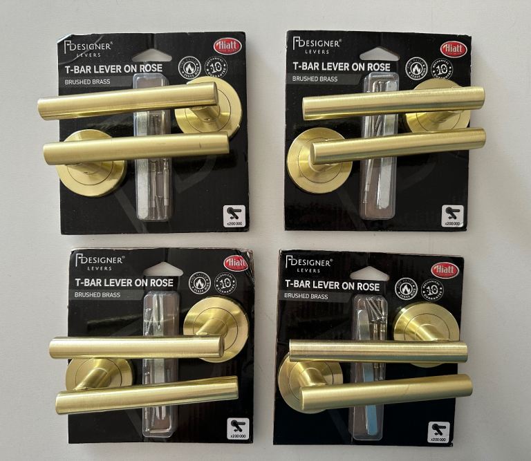 4 Pairs Hiatt T-Bar Lever On Rose Door Handle Brushed Brass Designer Levers