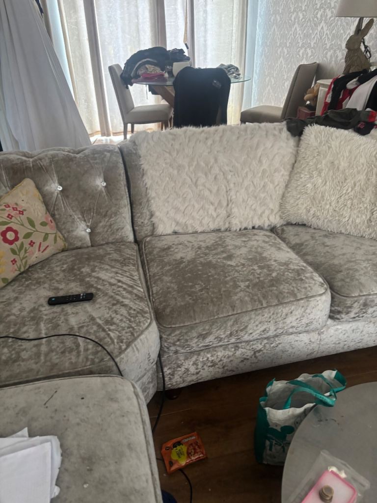 Good Condition Grey Fabric Crushed Velvet Corner Sofa