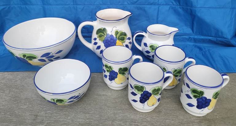 Vintage Portuguese Pitchers, Bowls and large Mugs set - Grapes and Pears