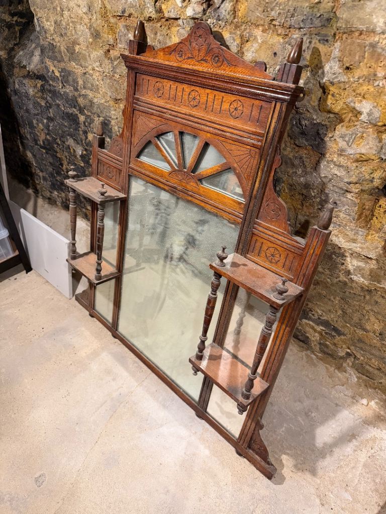 Original Edwardian Antique Wooden Overmantle Mirror with Shelves