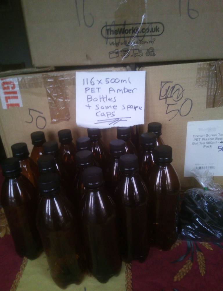 58 x 500ml Brown/Amber Screw Cap PET Plastic Bottles & some spare caps £28 - BARGAIN
