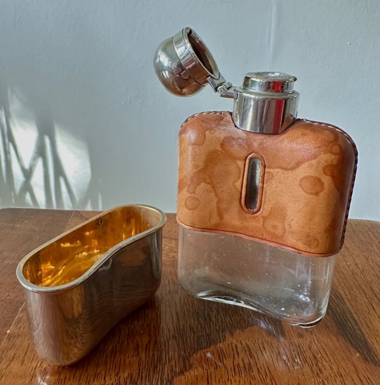 Vintage leather and silver plated James Dixon hip flask, with detachable cup 