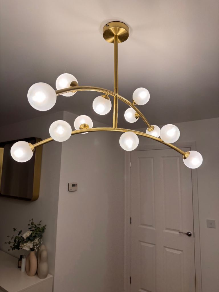 12-Light Chandelier Pendant Ceiling Lamp - Brass & Opal