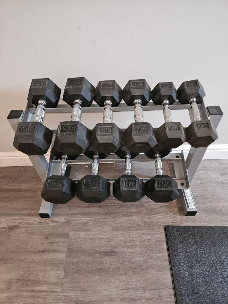 Commercial Rubber Hex Dumbbell Set – 109kg (5 Pairs, 5–17.5kg) with Rack