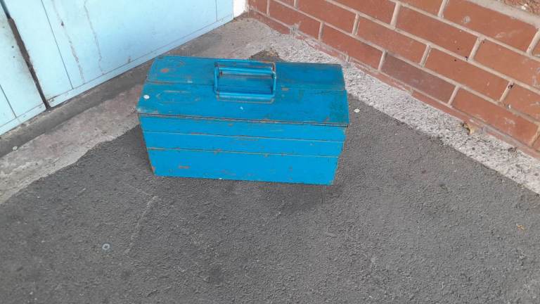 Vintage Blue Metal Tool Box with Trays – Fair Condition