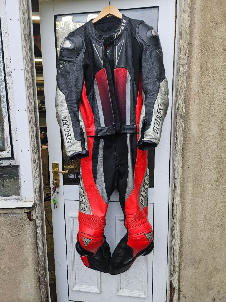 Dainese DS-72 Motorcycle Leathers – Black, Red, Grey, Size 48