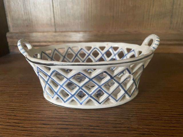 Vintage Portuguese Hand Painted Open Lattice Basket Weave Porcelain Dish