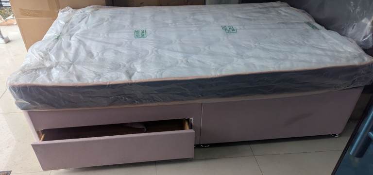New Pink Small  Double Divan Bed with Mattress and Storage 2 Drawers