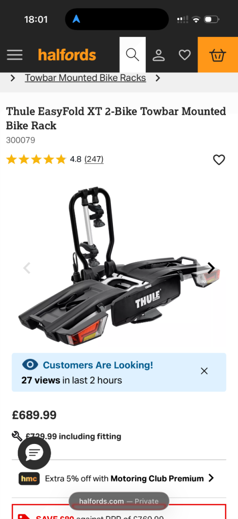 Thule Bike Carrier Towbar Mount – very Good Condition