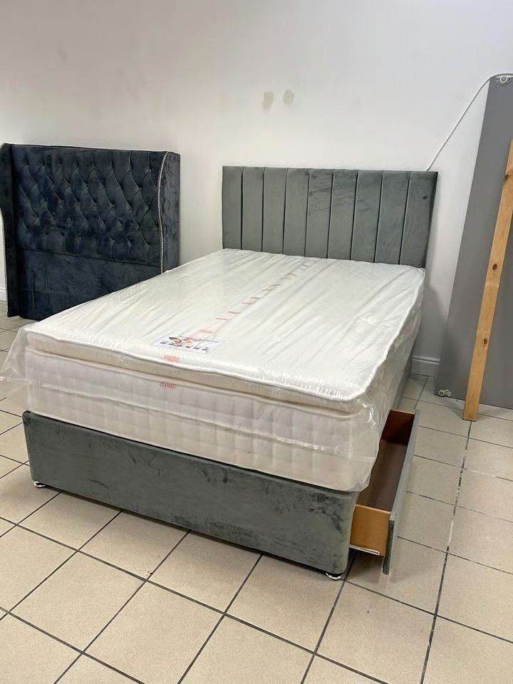 🏡Best Seller Premium Grey 4ft Small Double Divan Bed With Mattress Opt 4 Drawers🏡Free Delivery **