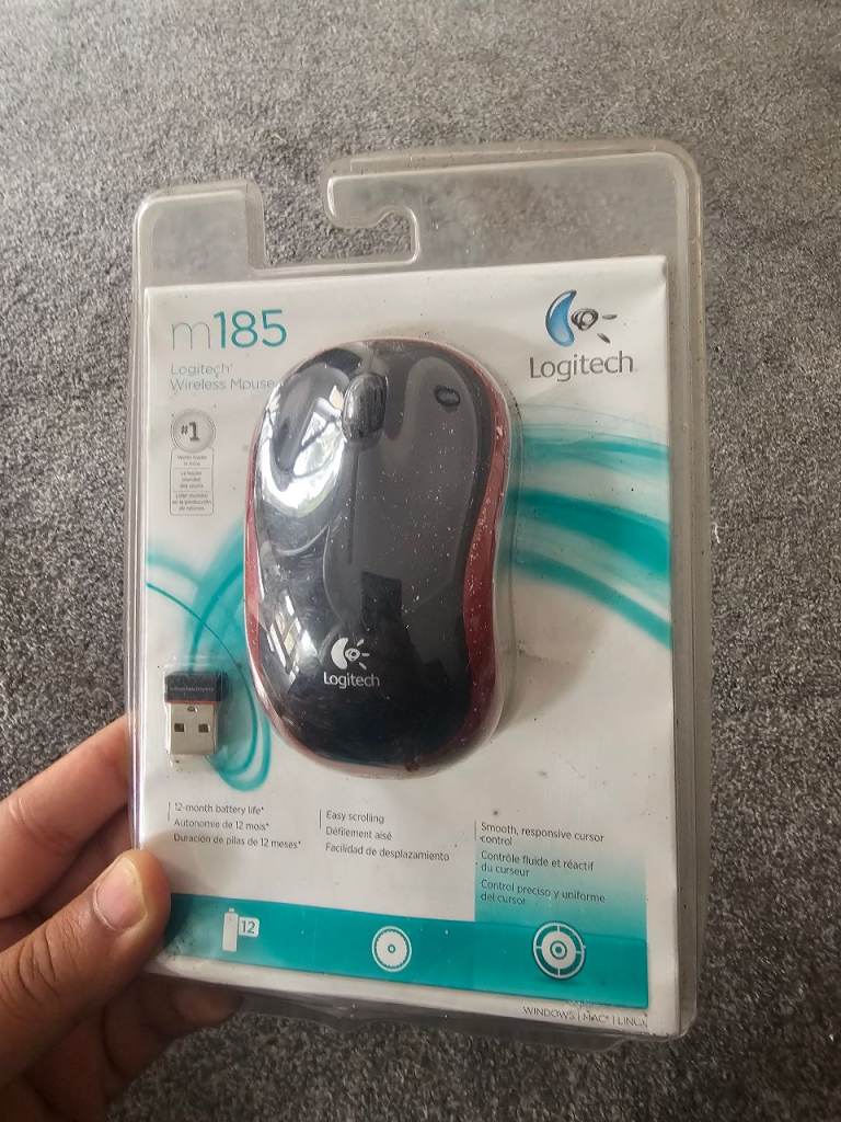 Logitech M185 Compact Wireless Mouse - Black/Red, New in Box