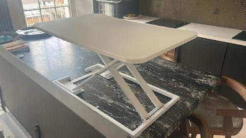 Preowned White Table Top Sit- Stand office desk Converter