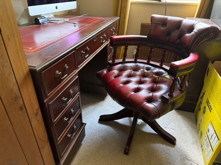 Desk & Red Leather Swivel Office Chair