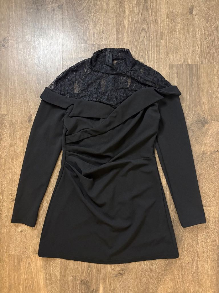 Shown Black Mini Dress Sheer Mesh Neck Shein High Neck Long Sleeve Party Evening Dress XS