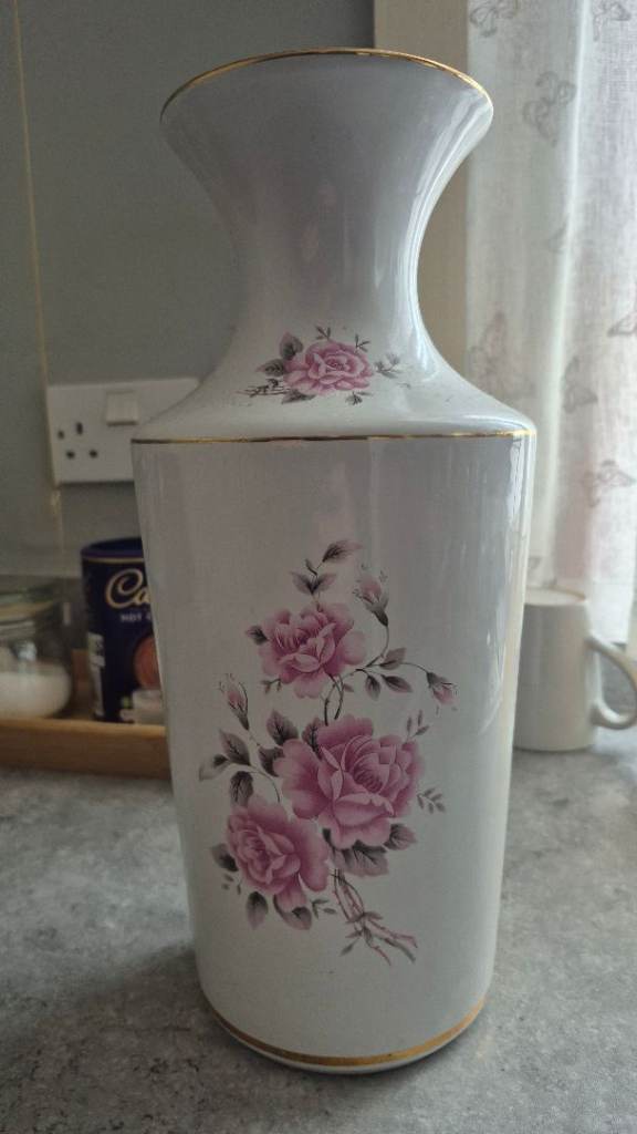 Vintage Floral Vase with Gold Rim 16 Inches