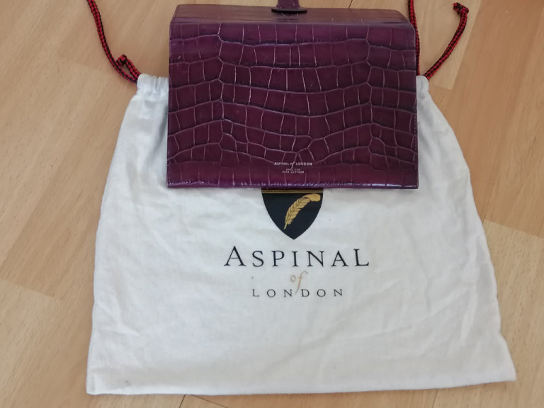 Vintage ASPINAL OF LONDON Luxury Leather Travel Wallet, inserts & cloth bag. Purple Pat Croc. 