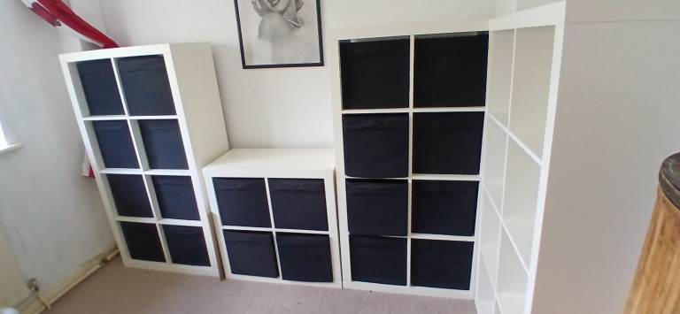IKEA KALLAX Shelving Units with Inserts – White, Good Condition