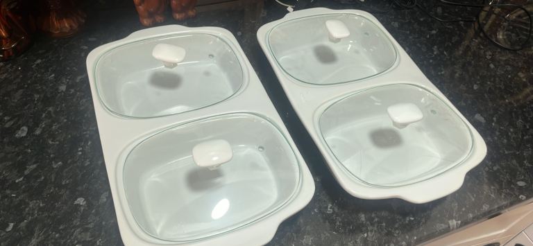 Ceramic Double Serving Dishes with Glass Lids – Good Condition
