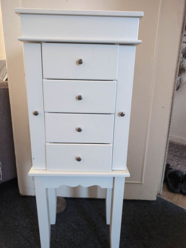 White Wooden Jewellery Cabinet with Drawers – Good Condition