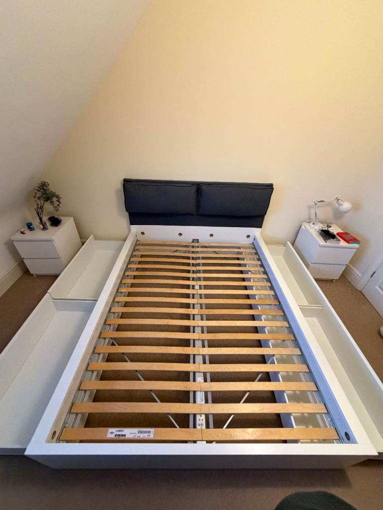 King-size bed frame with 4 storage boxes and headboard cover