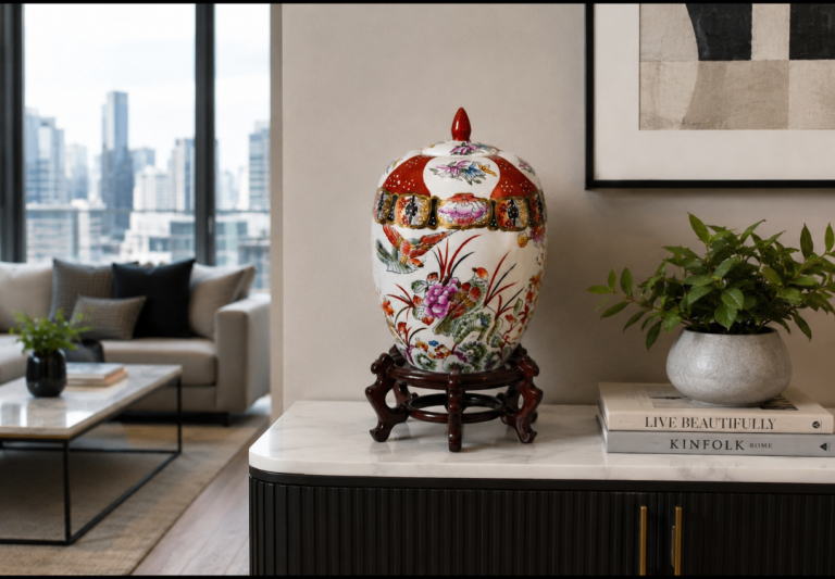 Large Oriental Hand-Painted Ginger Jar / Temple Jar with Lid & Hardwood Stand - 17"