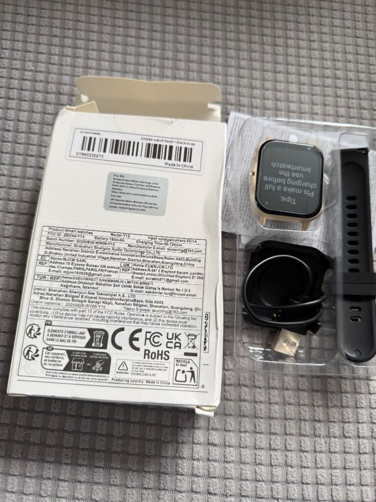 Unused Smartwatch with Black Strap and Charger – Boxed