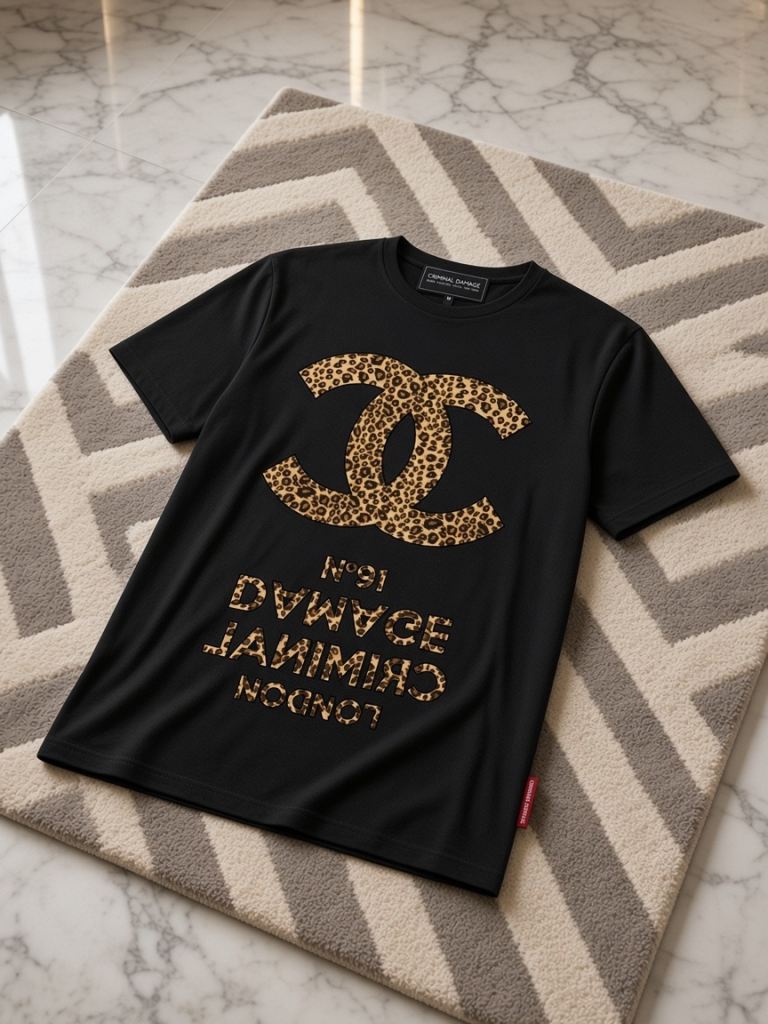Vintage Criminal Damage T-Shirt Leopard Print Logo Black Y2K