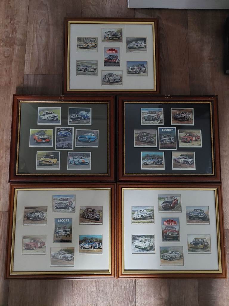 vintage 1970's and 80's CLASSIC RALLY CAR CARDS MOUNTED AND FRAMED 5 In Total