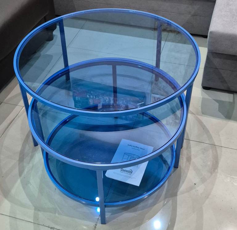 Lovely Set of Two Blue Glass Coffee Tables, Excellent Condition