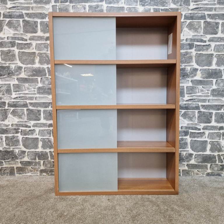 Wooden Bookcase with Sliding Frosted Glass Doors