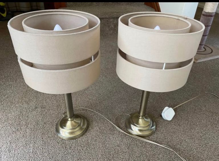 Pair of Bedside Table Lamps - Beige with Metal Base