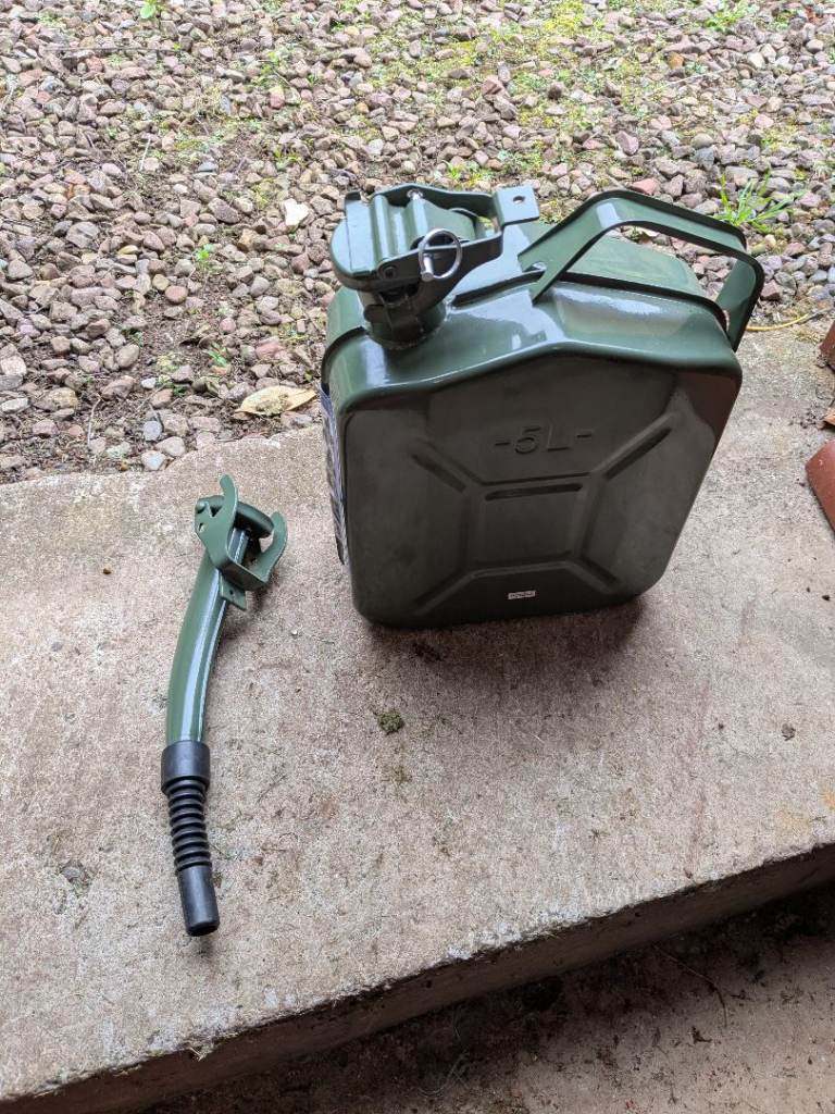 As new 5 Litre Green Metal Jerry Can with Pouring Spout