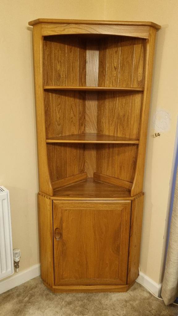 Genuine Mid-Century Vintage Ercol Windsor Elm Corner Cabinet with Shelves and Cupboard 