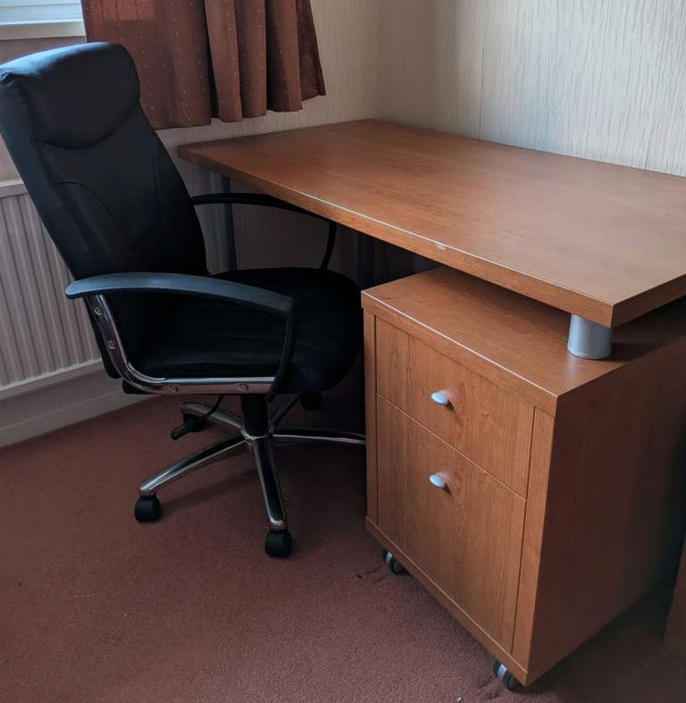 Wooden Office Desk with Mobile Pedestal and Chair