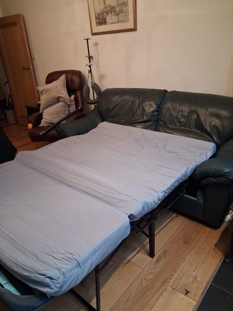 Green Leather Sofa Set with Sofa Bed & Ottoman