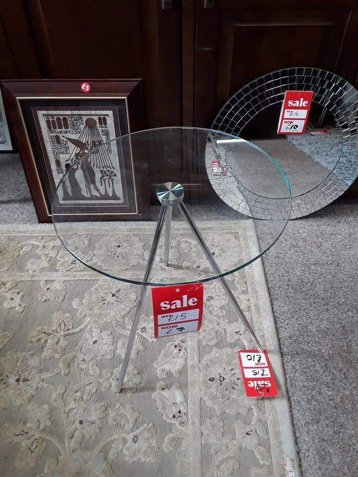 Small glass circular side table Copley Mill Low Cost Moves 2nd Hand Furniture STALYBRIDGE SK15 3DN