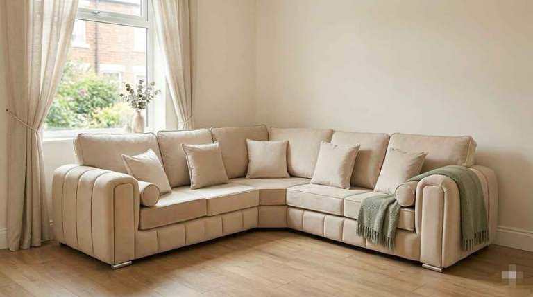 Lovely Large Corner Sofa in Gorgeous Beige Velvet