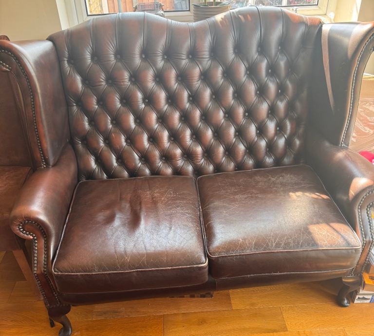 Classic Brown Leather Two-Seater Sofa – Good Condition