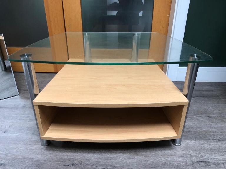 Glass and Beech Small TV Entertainment Unit With Chrome Legs 