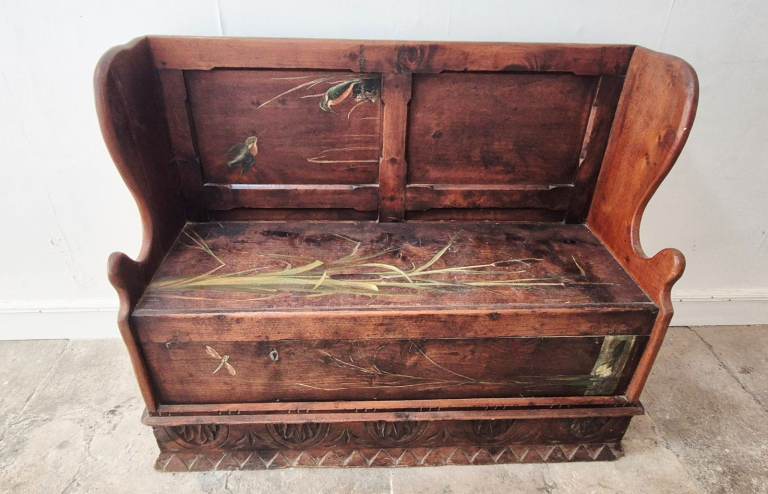 One-of-a-kind antique Wooden Settle Bench with Hand-Painted Details