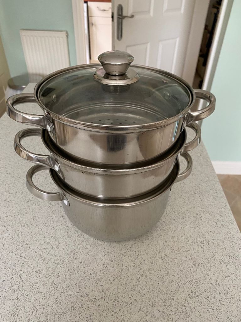 Two Tier Stainless Steel Steamer Pot Set with Glass Lid – Good Condition