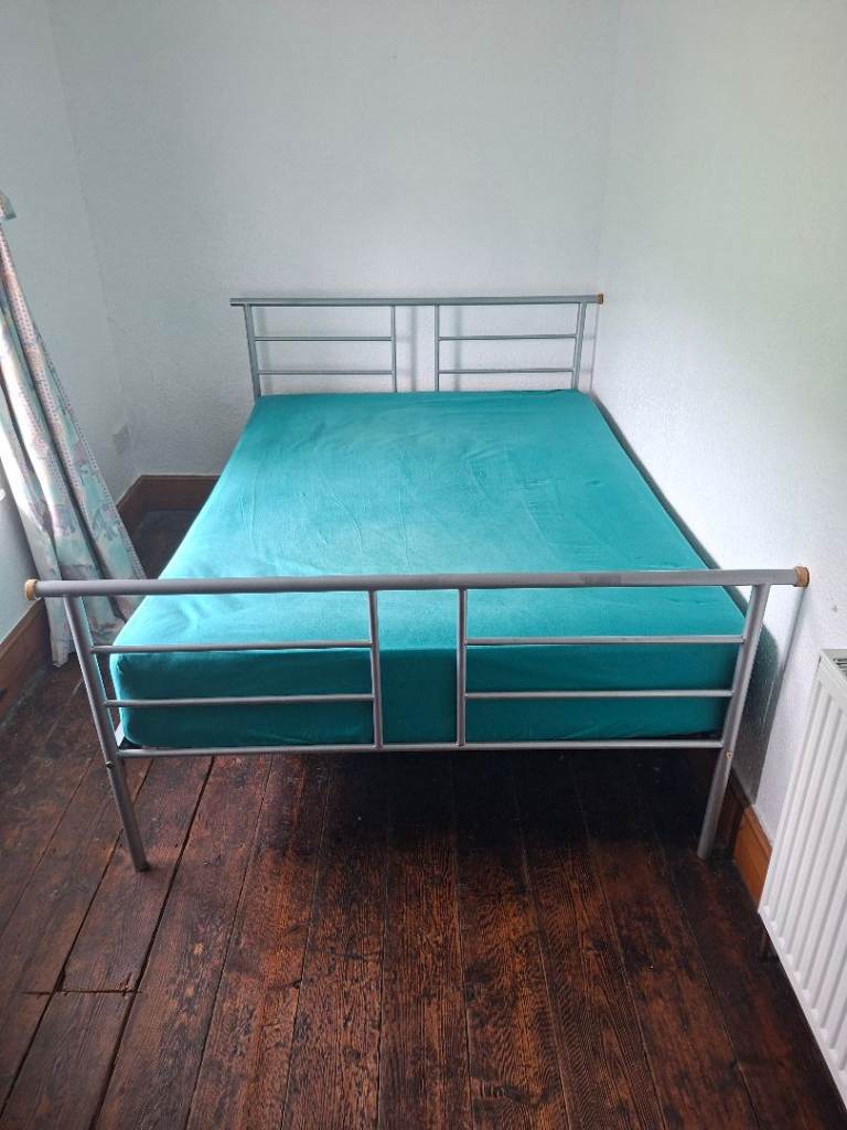 Metal Bed Frame and Mattress – Silver, Good Condition