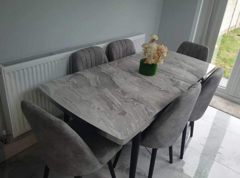 Grey Marble Effect Dining Table with 6 Chairs – Good Condition