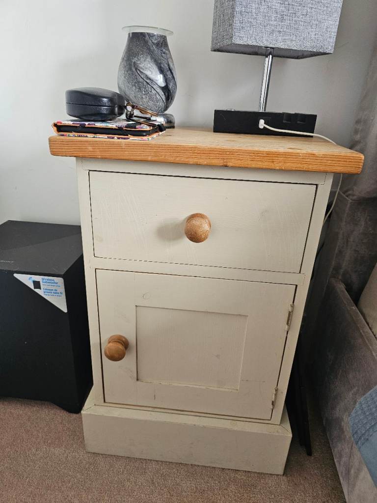 Cream and Wood Bedside Table with Drawer and Cupboard x2